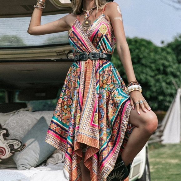 Private Label Dresses & Skirts - Boho Floral Print Satin Asymmetrical Hem Dress